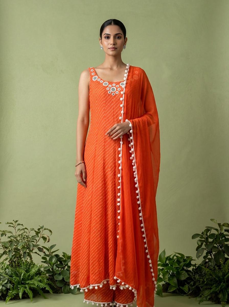 Orange Georgette Leheriya Printed Three Piece Set