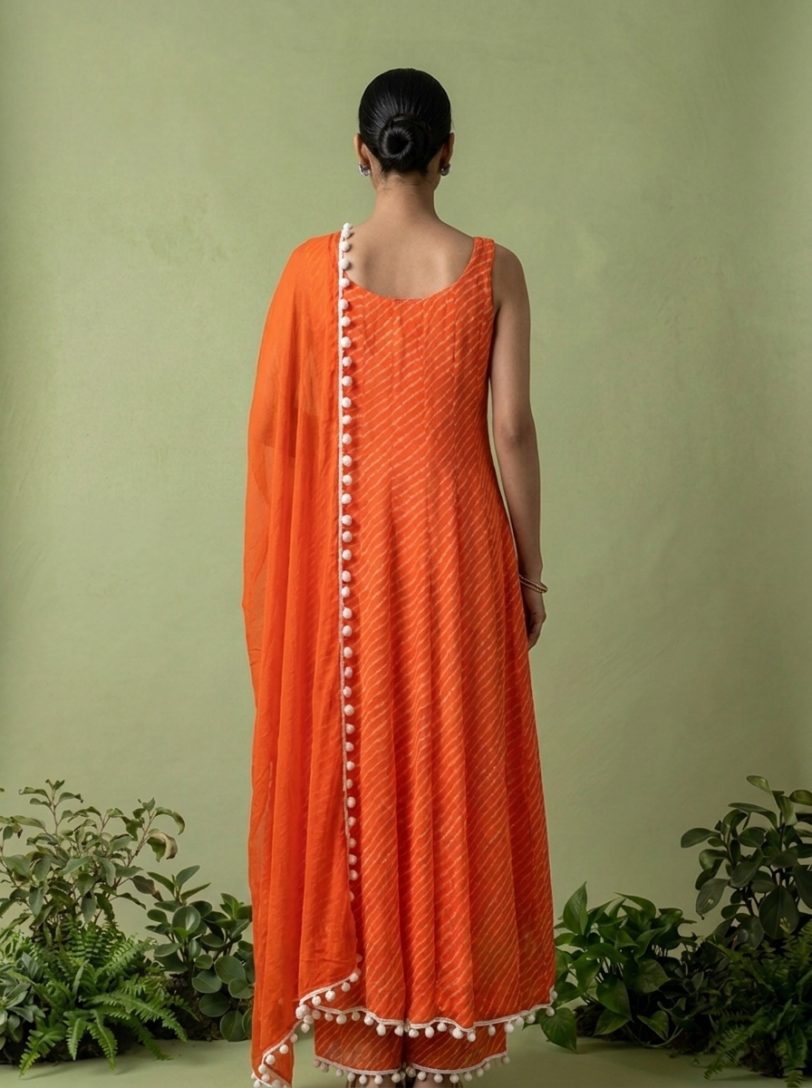 Orange Georgette Leheriya Printed Three Piece Set