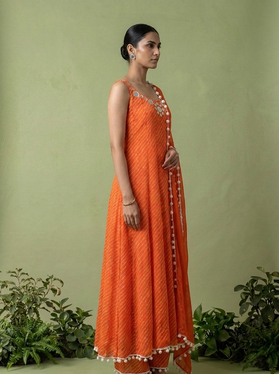 Orange Georgette Leheriya Printed Three Piece Set