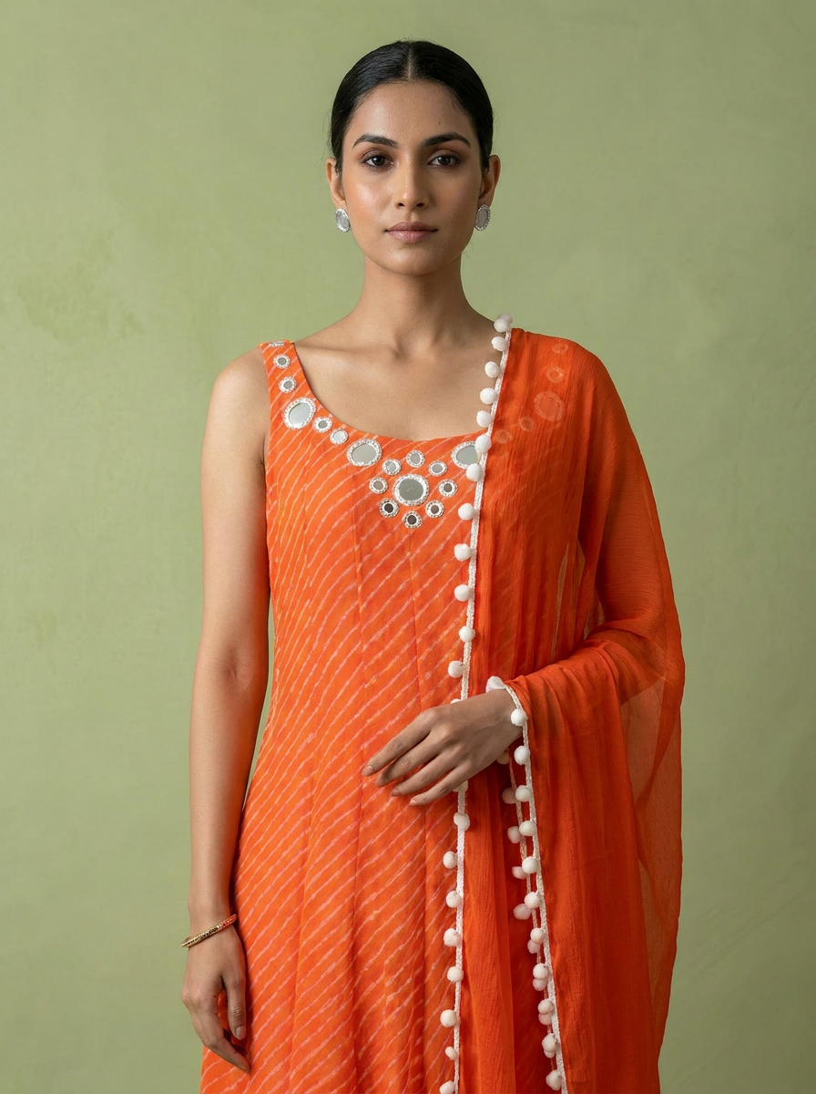 Orange Georgette Leheriya Printed Three Piece Set