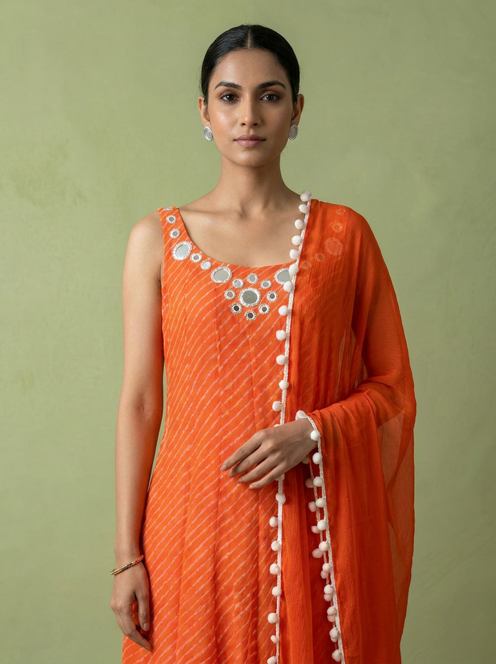 Orange Georgette Leheriya Printed Three Piece Set