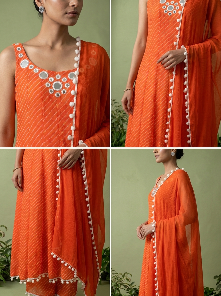 Orange Georgette Leheriya Printed Three Piece Set