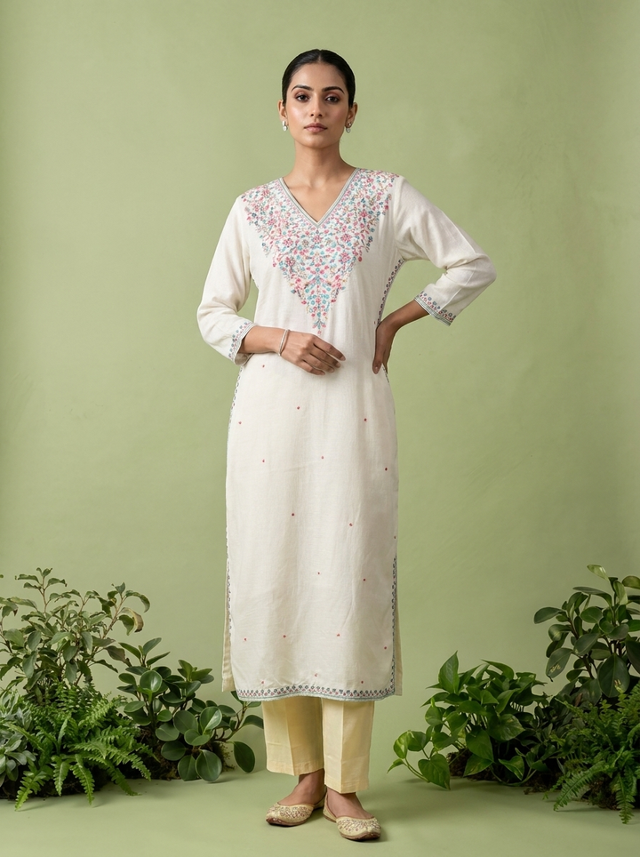 White Rayon Floral Thread And Sequins Embroidery Kurta