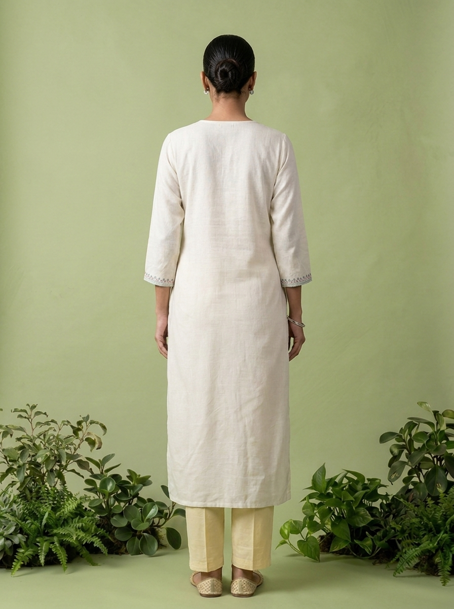 White Rayon Floral Thread And Sequins Embroidery Kurta