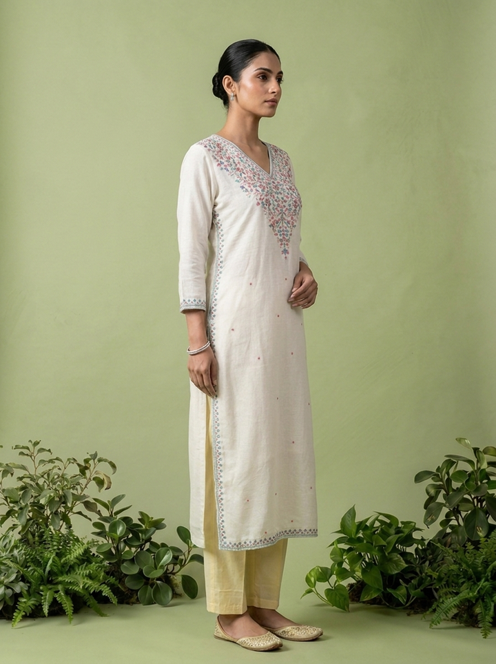 White Rayon Floral Thread And Sequins Embroidery Kurta