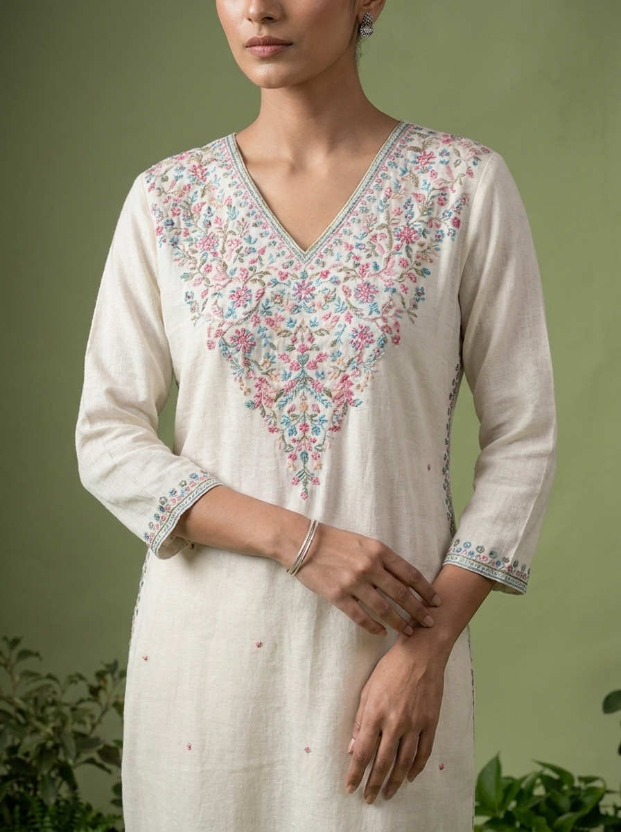 White Rayon Floral Thread And Sequins Embroidery Kurta