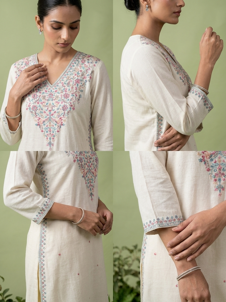 White Rayon Floral Thread And Sequins Embroidery Kurta
