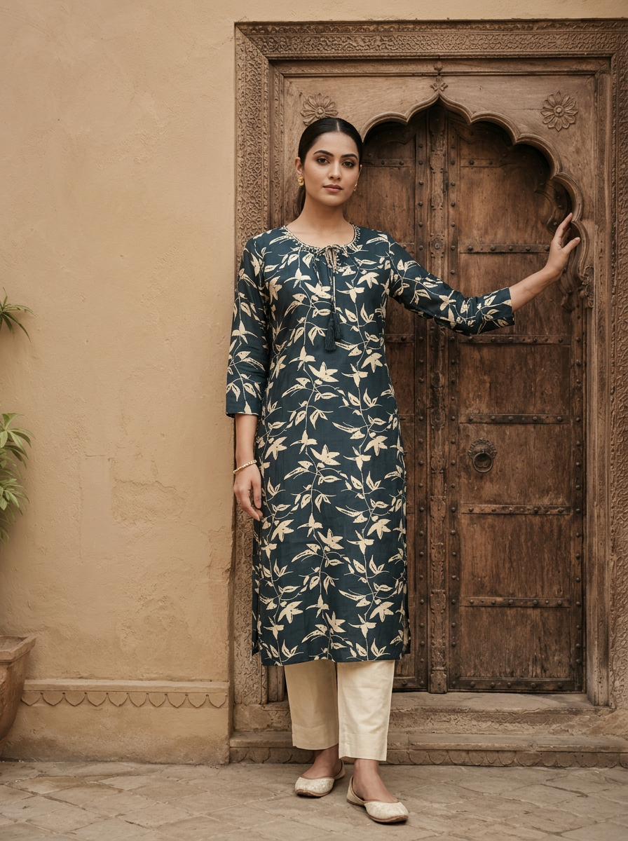 Teal Santoon Floral Printed Kurta