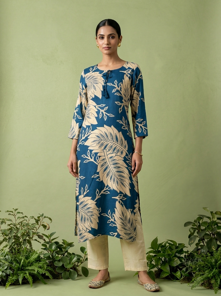 Teal Blue Rayon Floral Printed Kurta