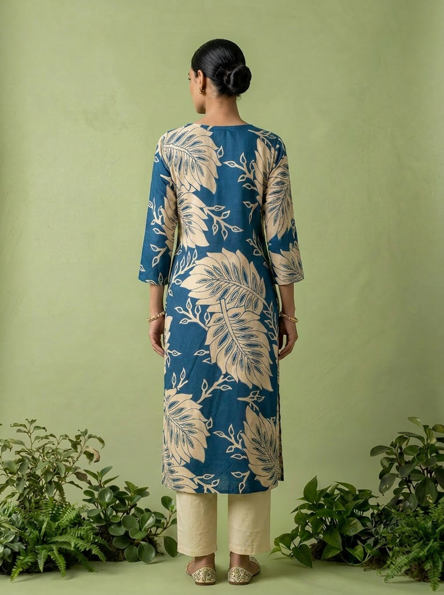 Teal Blue Rayon Floral Printed Kurta