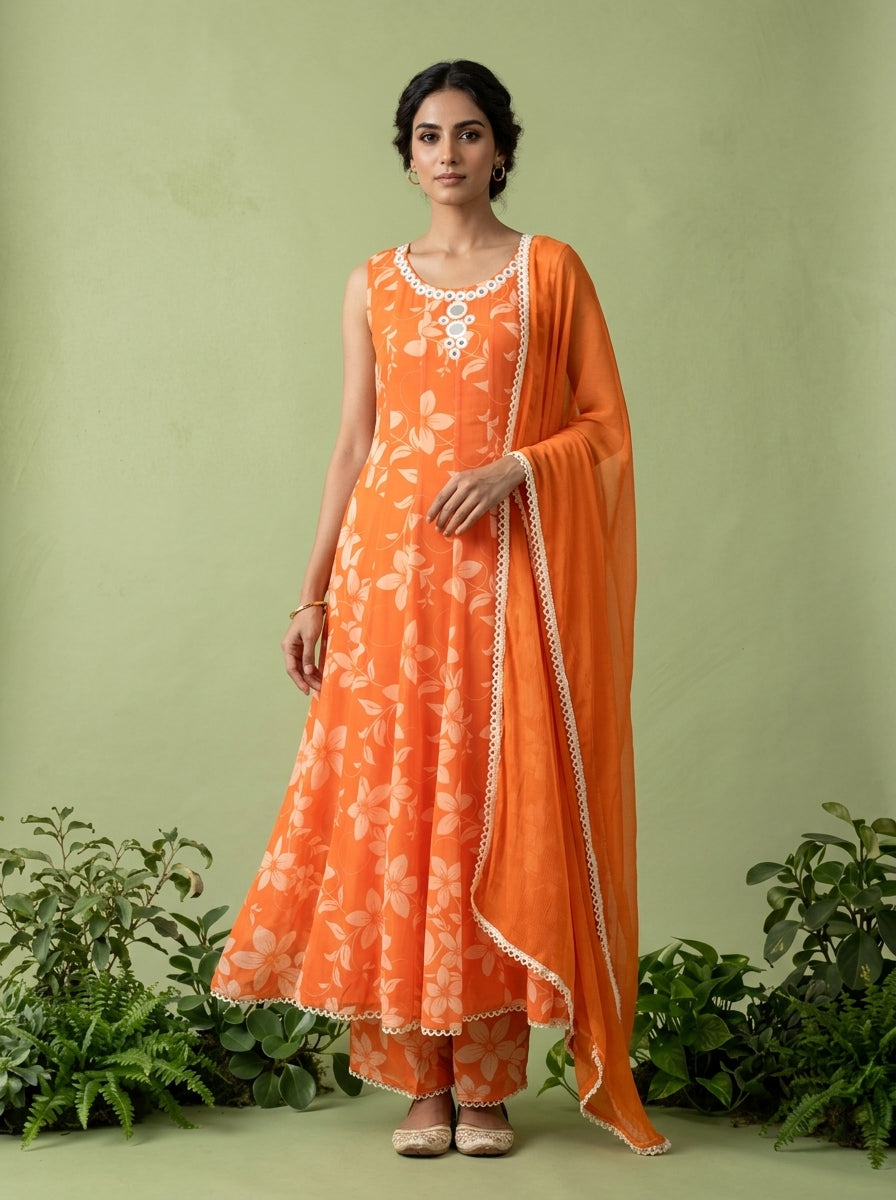 Orange Georgette Floral Printed And Mirror Embroidered Three Piece Set
