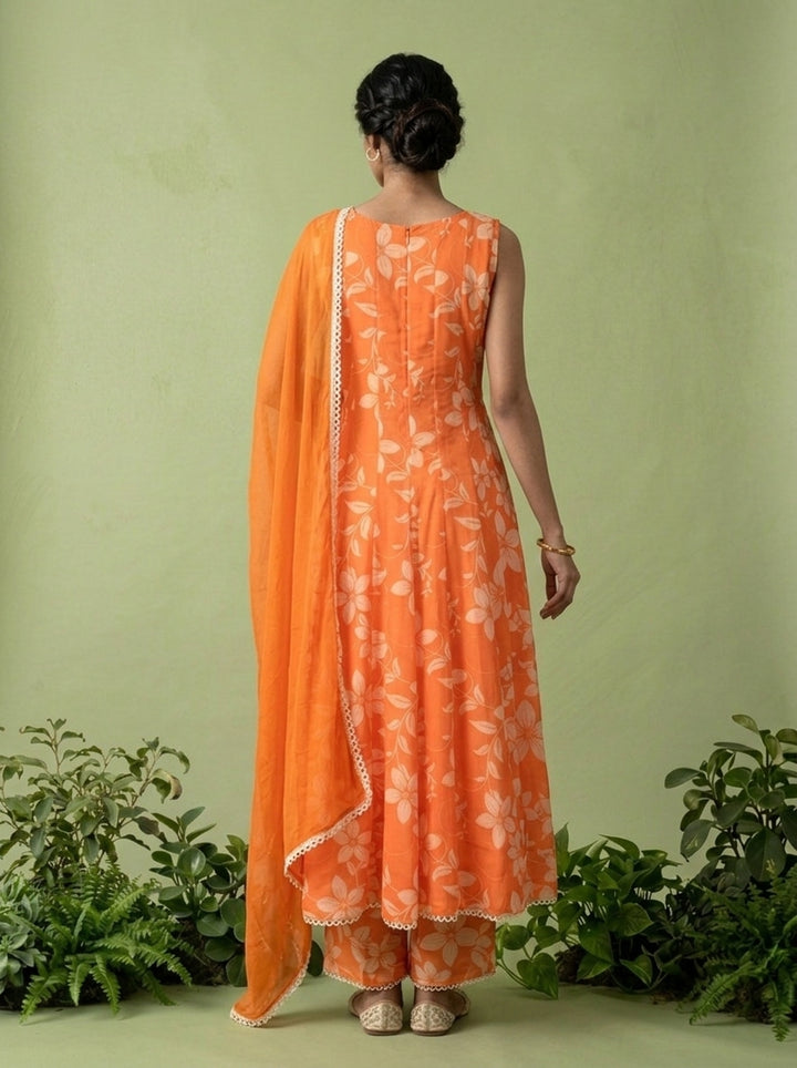 Orange Georgette Floral Printed And Mirror Embroidered Three Piece Set