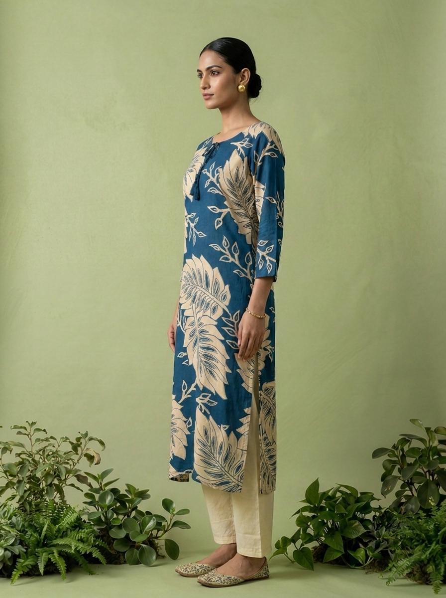 Teal Blue Rayon Floral Printed Kurta