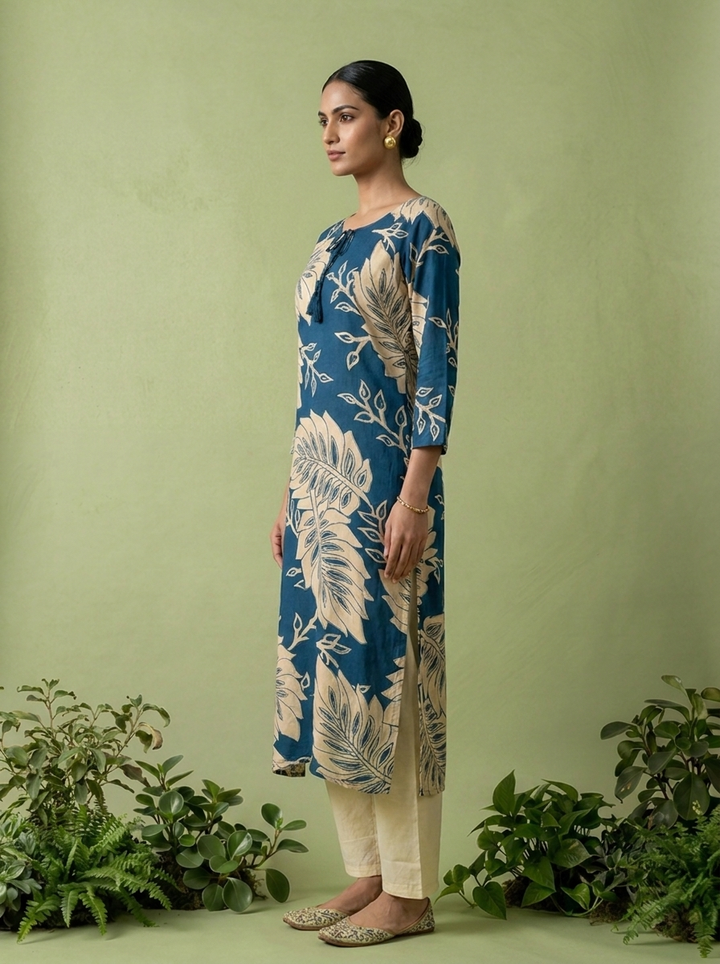 Teal Blue Rayon Floral Printed Kurta
