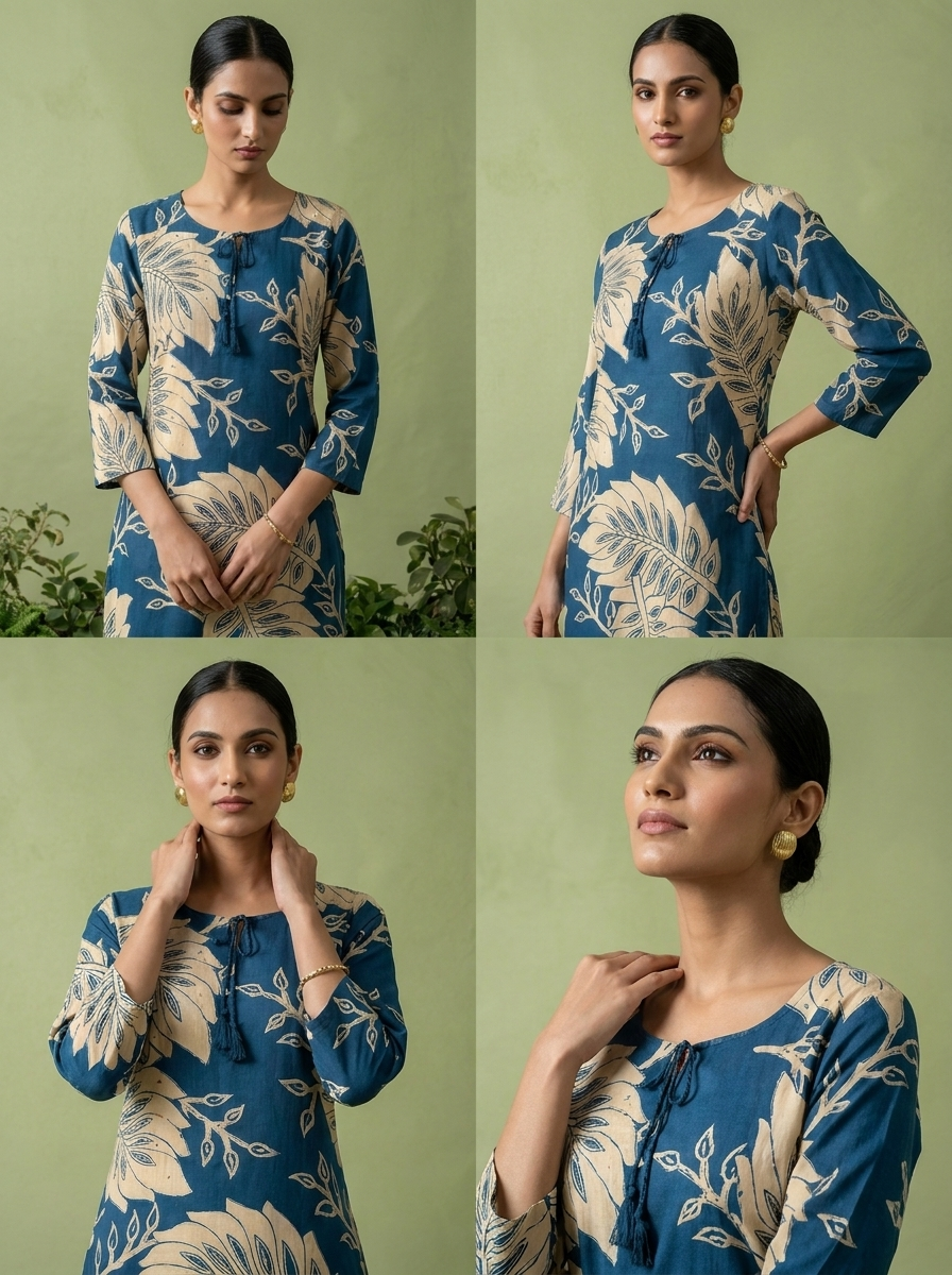 Teal Blue Rayon Floral Printed Kurta