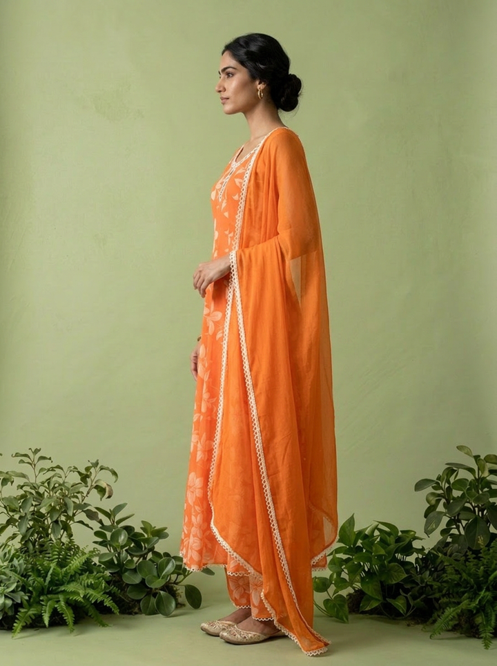 Orange Georgette Floral Printed And Mirror Embroidered Three Piece Set