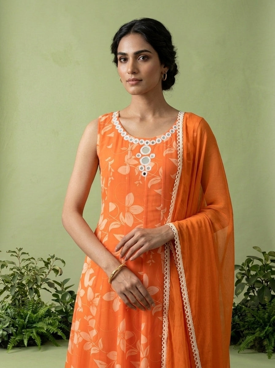 Orange Georgette Floral Printed And Mirror Embroidered Three Piece Set