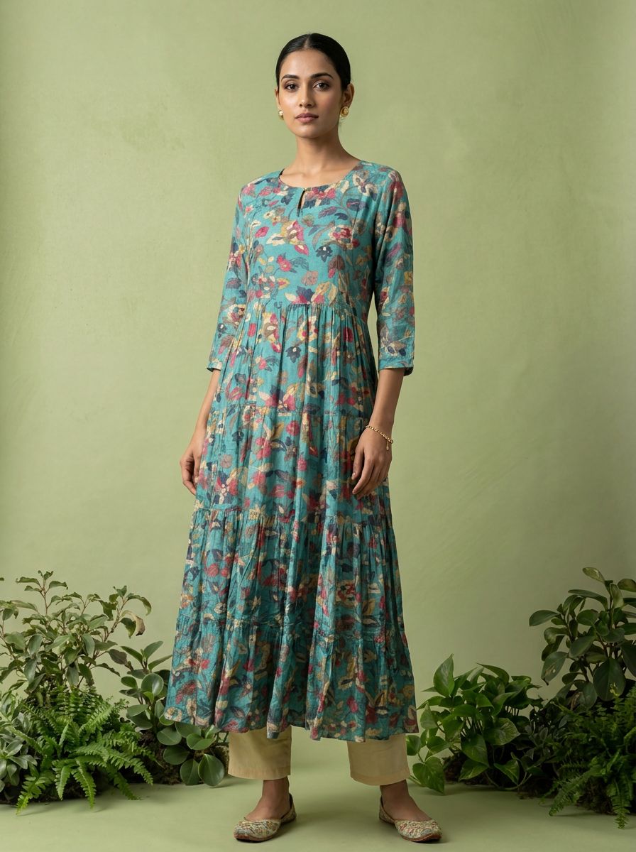 Rama Green Muslin Heavy Floral Printed Kurta