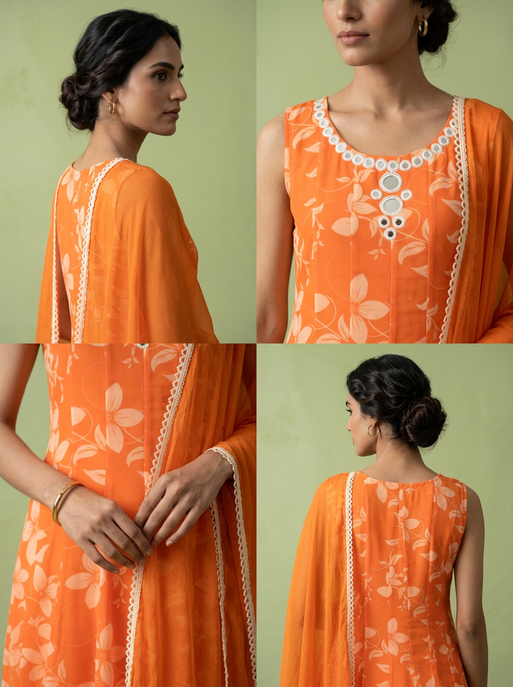 Orange Georgette Floral Printed And Mirror Embroidered Three Piece Set