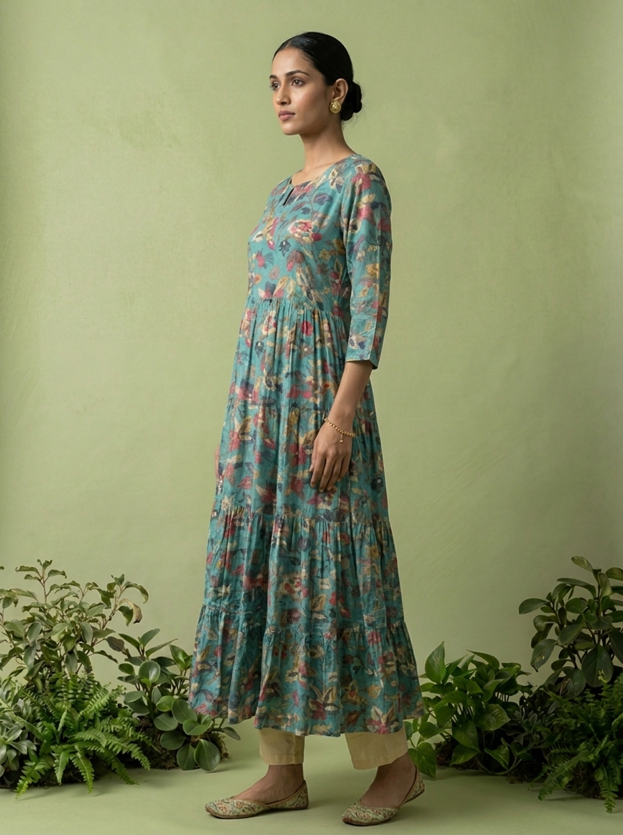 Rama Green Muslin Heavy Floral Printed Kurta