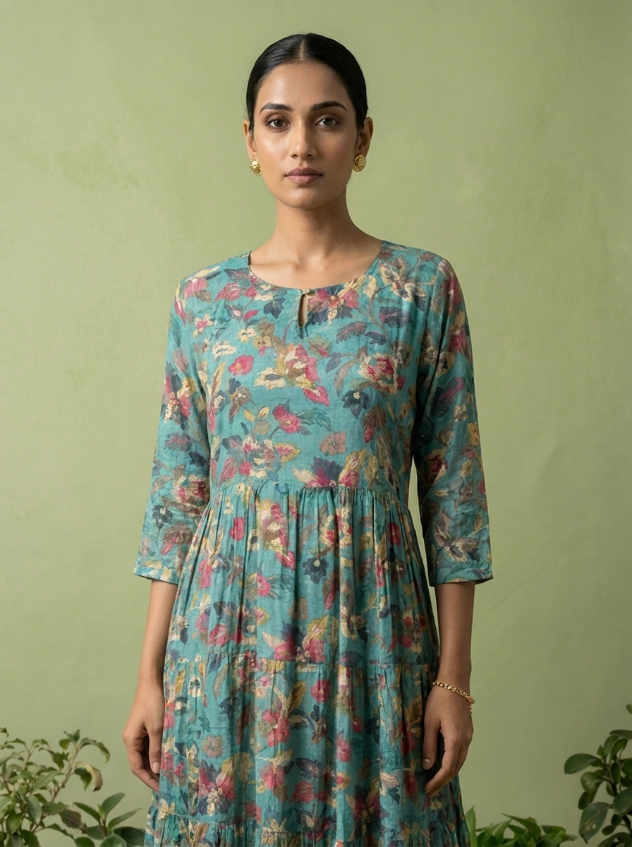 Rama Green Muslin Heavy Floral Printed Kurta
