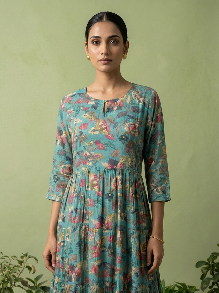 Rama Green Muslin Heavy Floral Printed Kurta