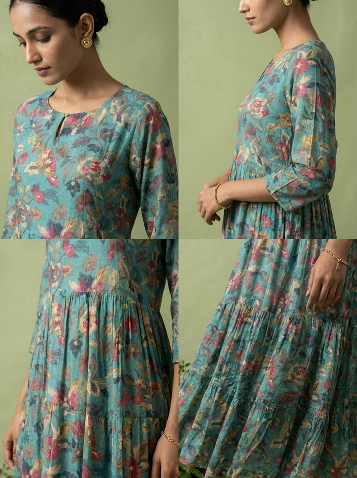 Rama Green Muslin Heavy Floral Printed Kurta
