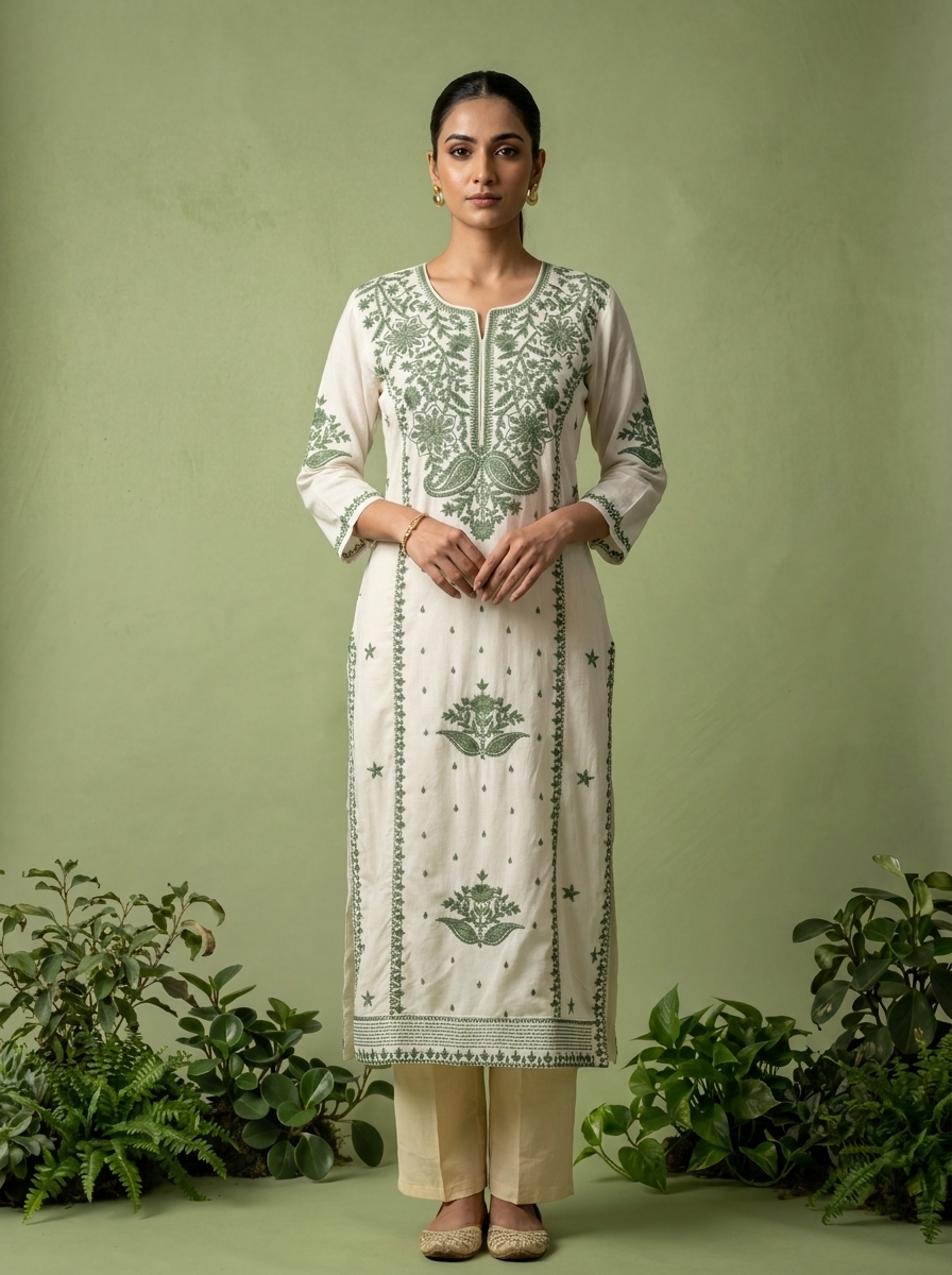Green Rayon Heavy Floral And Paisley Thread Embroidery Kurta