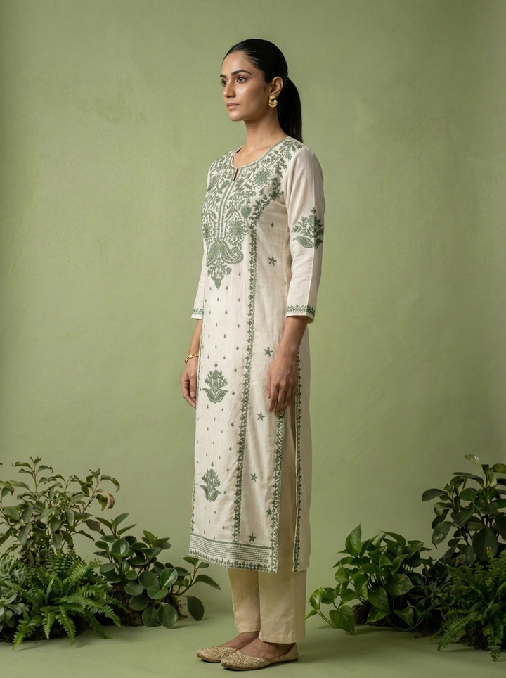 Green Rayon Heavy Floral And Paisley Thread Embroidery Kurta