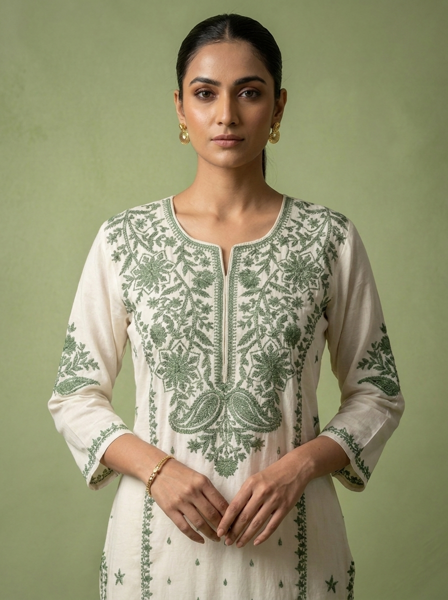 Green Rayon Heavy Floral And Paisley Thread Embroidery Kurta