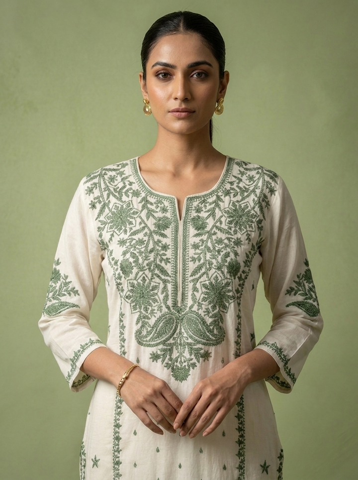 Green Rayon Heavy Floral And Paisley Thread Embroidery Kurta