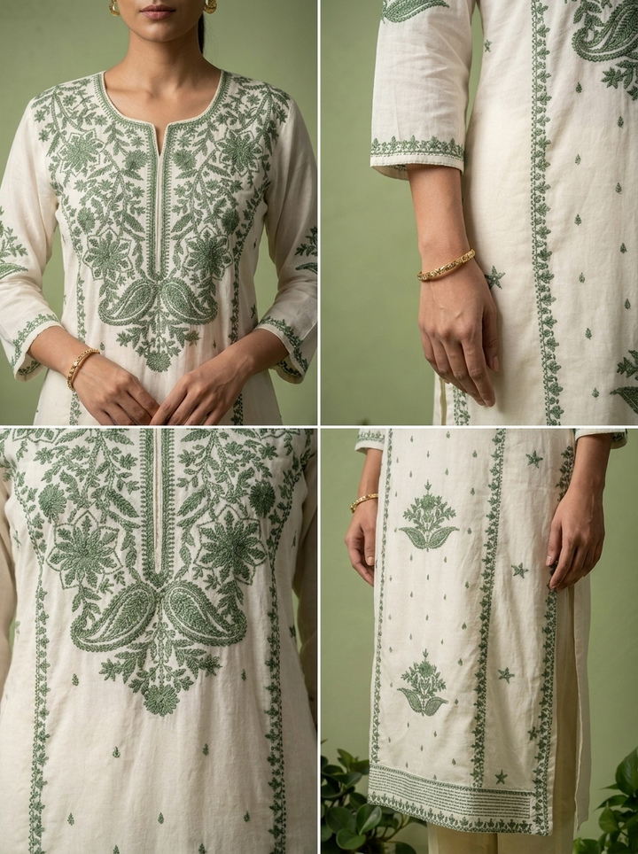 Green Rayon Heavy Floral And Paisley Thread Embroidery Kurta