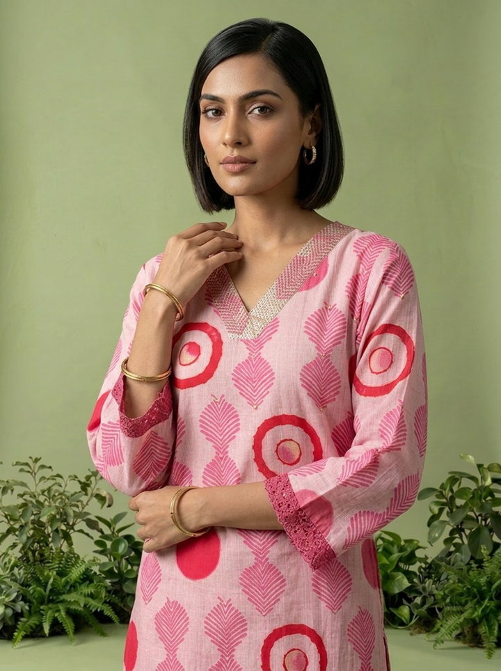 Pink Rayon Printed Two Piece Set
