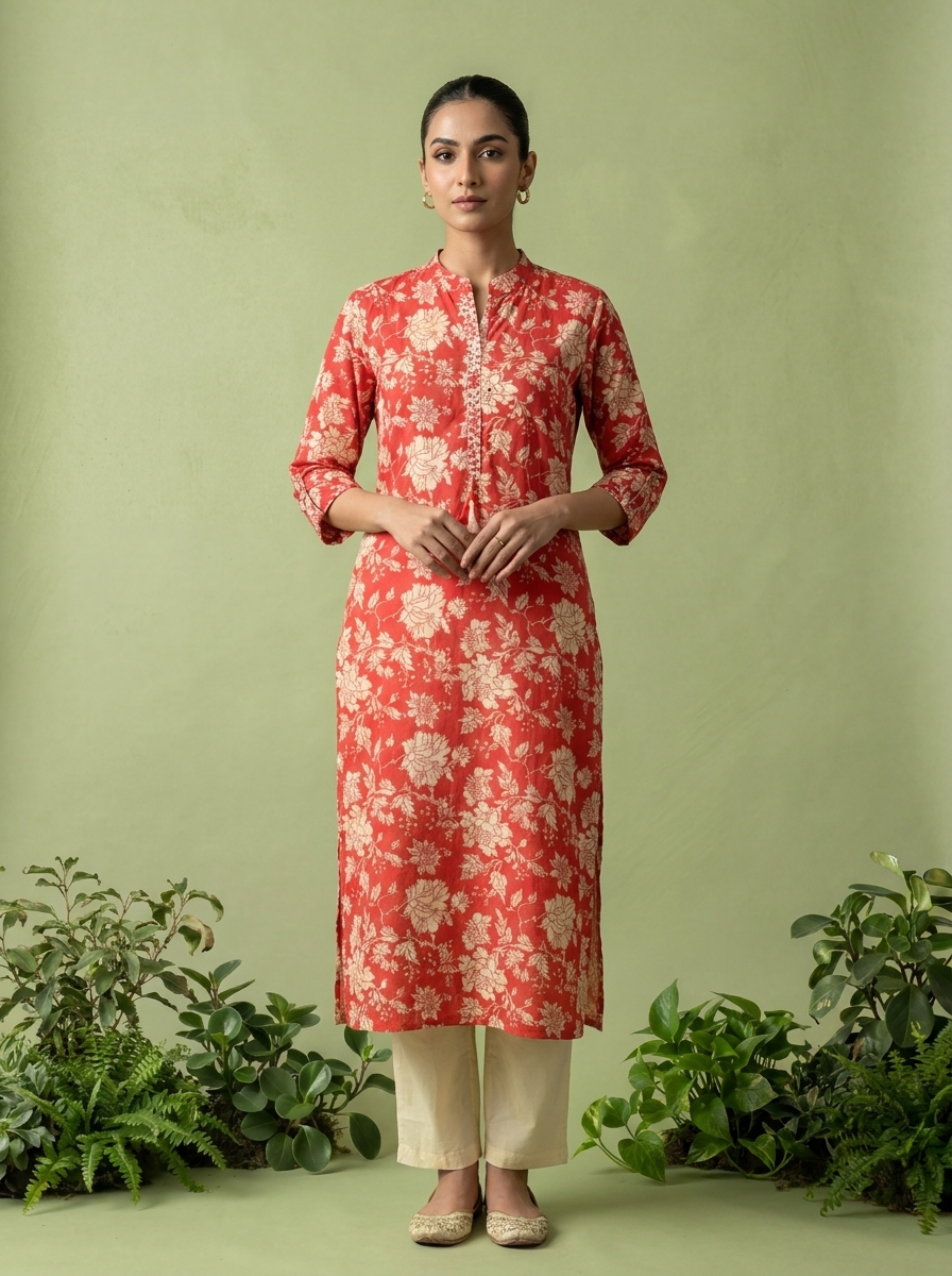 Red Cotton Floral Printed Kurta