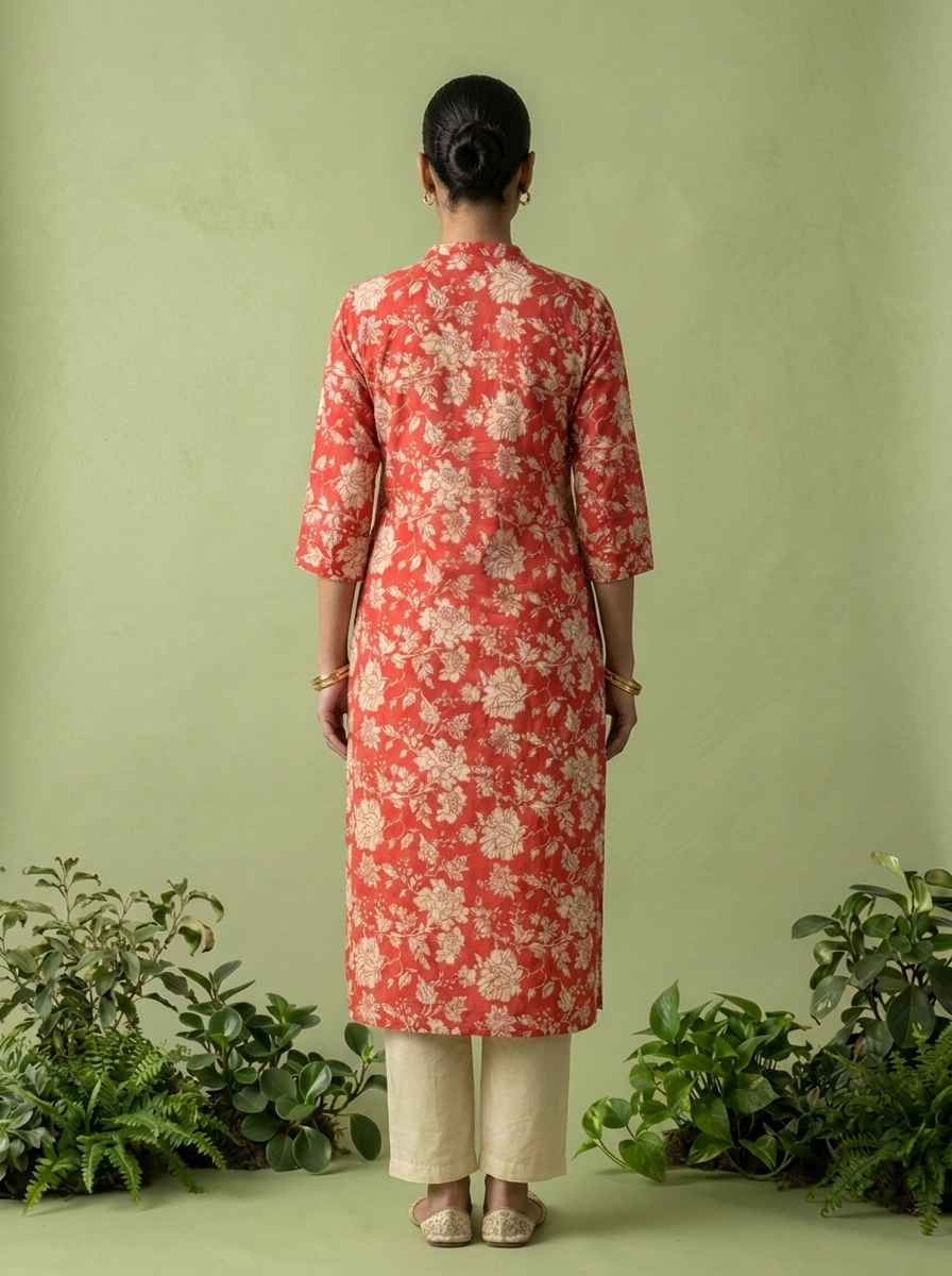 Red Cotton Floral Printed Kurta