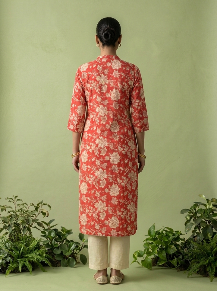 Red Cotton Floral Printed Kurta