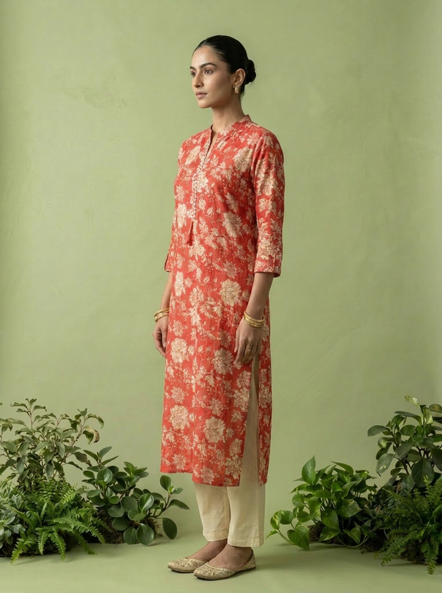 Red Cotton Floral Printed Kurta