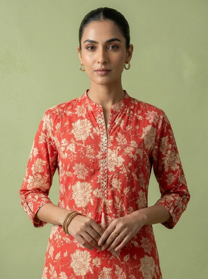 Red Cotton Floral Printed Kurta