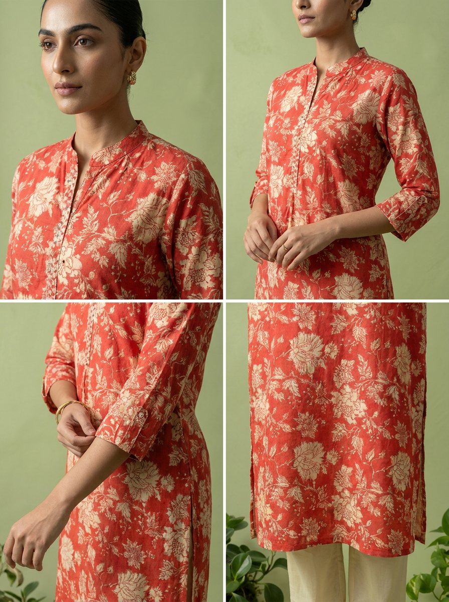 Red Cotton Floral Printed Kurta