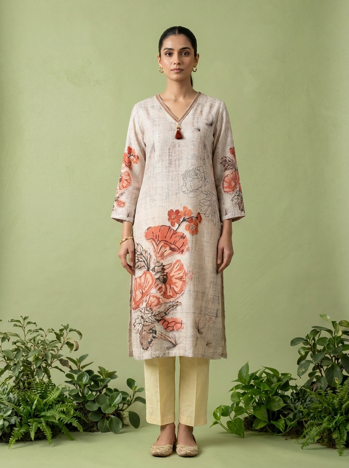 Cream Linen Printed Kurta