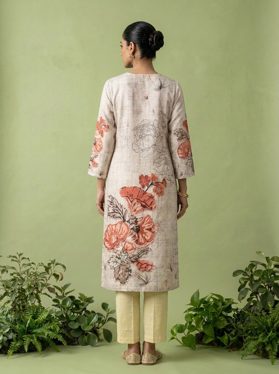 Cream Linen Printed Kurta