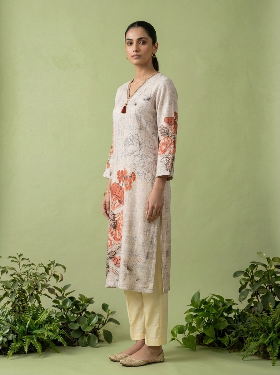 Cream Linen Printed Kurta