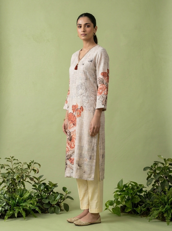 Cream Linen Printed Kurta