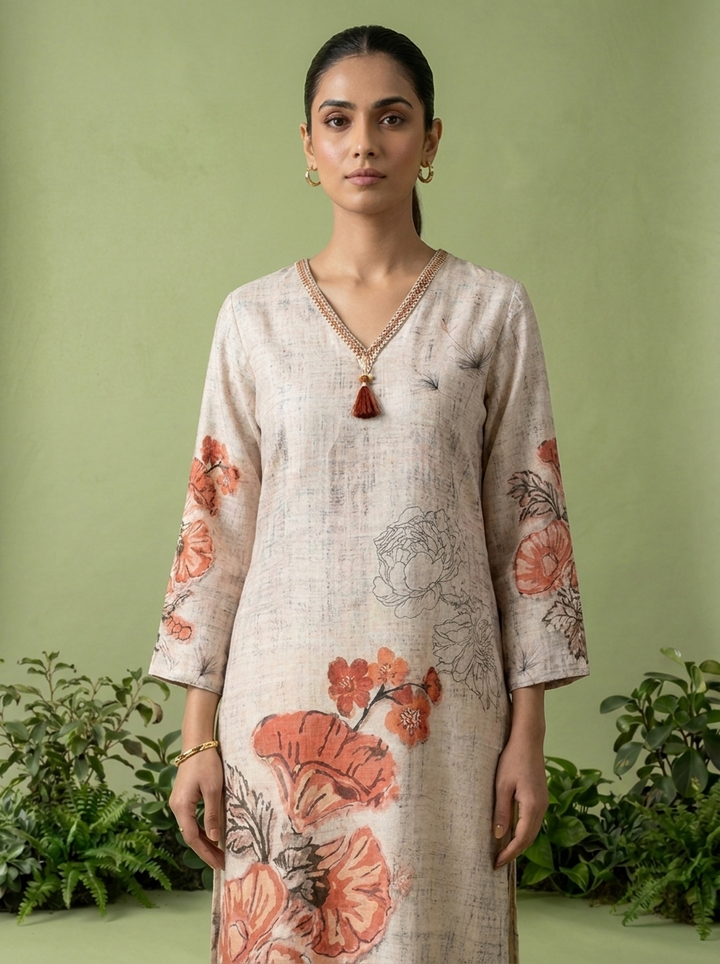 Cream Linen Printed Kurta