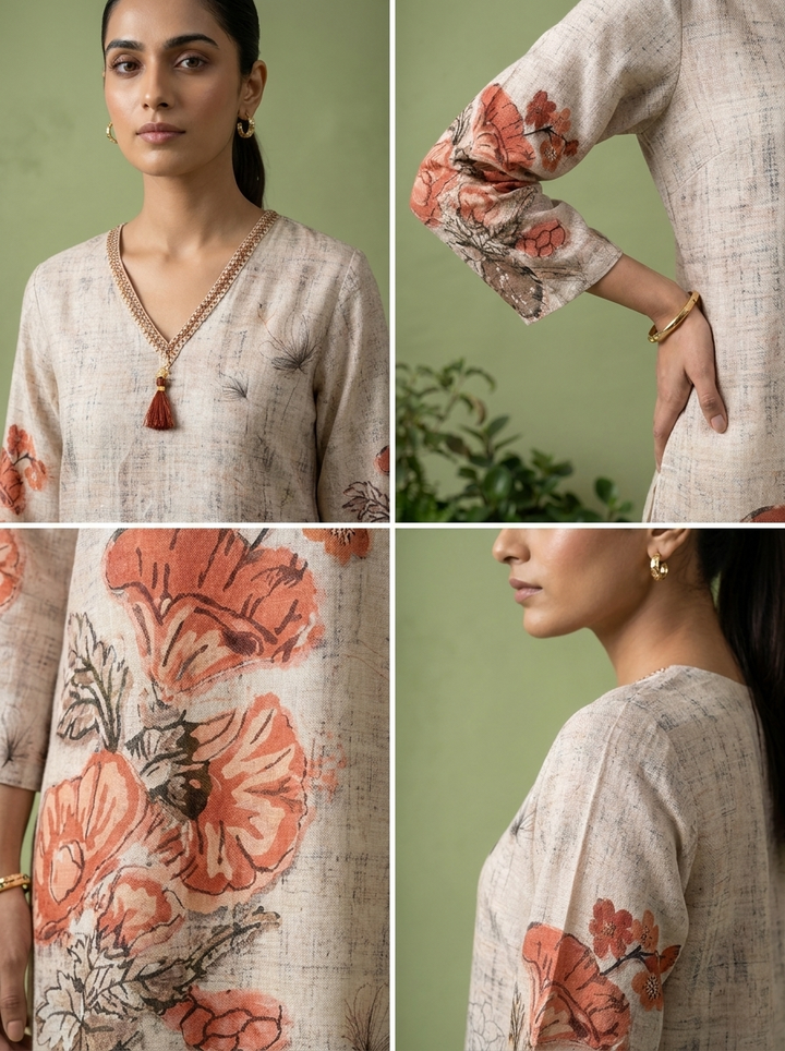 Cream Linen Printed Kurta