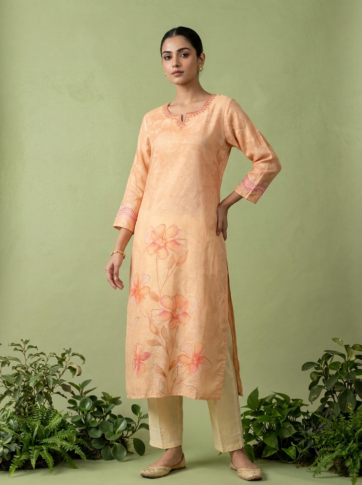 Peach Linen Printed And Thread Embroidered Kurta