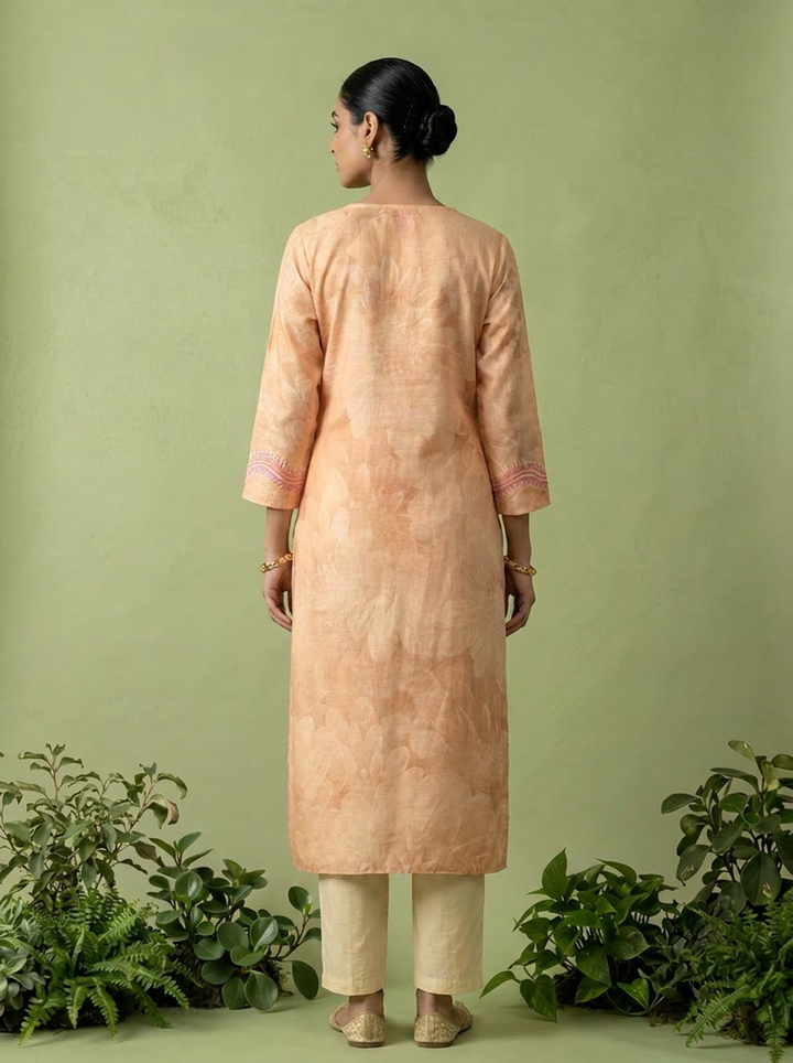 Peach Linen Printed And Thread Embroidered Kurta