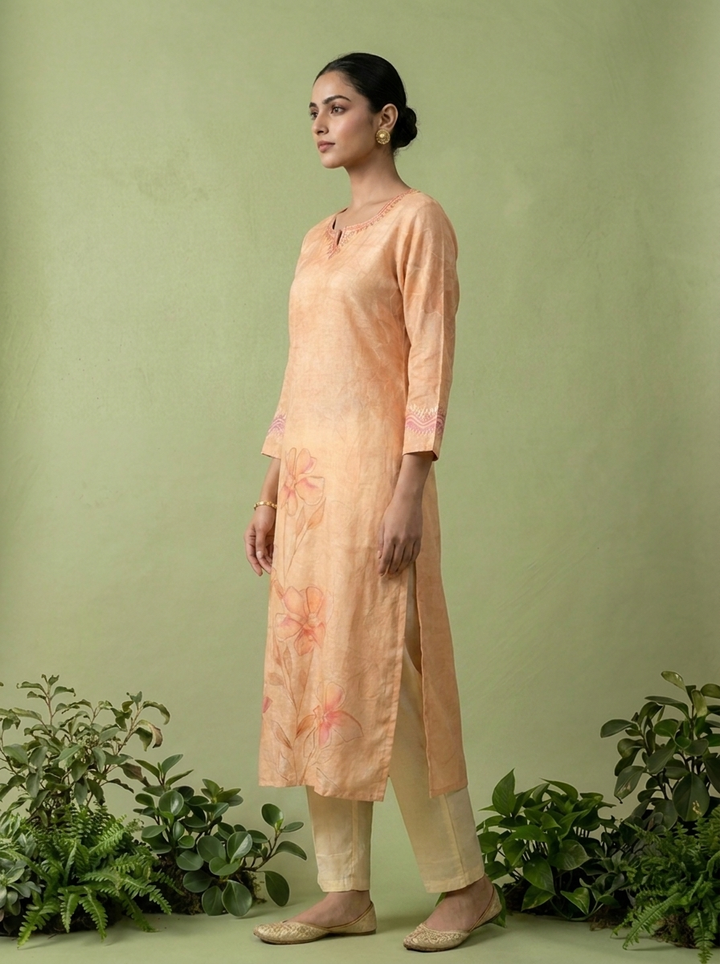 Peach Linen Printed And Thread Embroidered Kurta