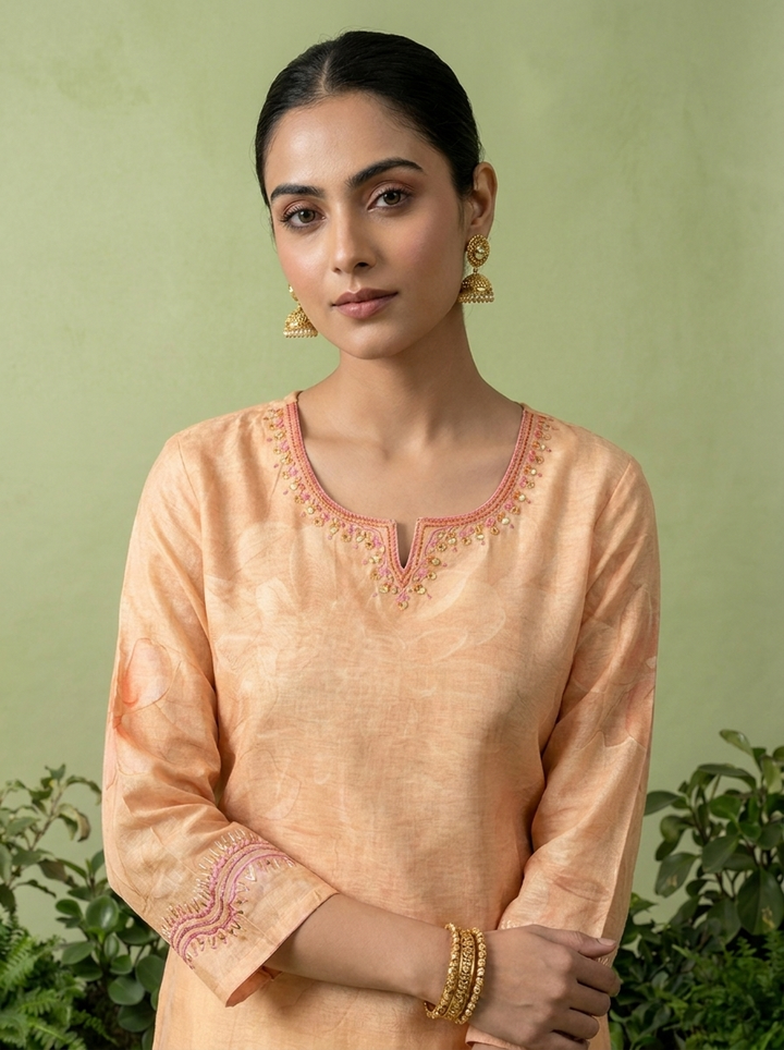 Peach Linen Printed And Thread Embroidered Kurta