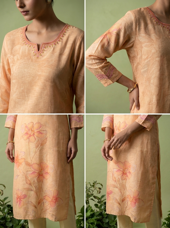 Peach Linen Printed And Thread Embroidered Kurta
